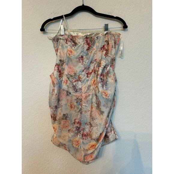 FOR LOVE AND LEMONS DELPHINE RUCHED STRAPLESS BLUE DRESS W/ROSE - Picture 3 of 5